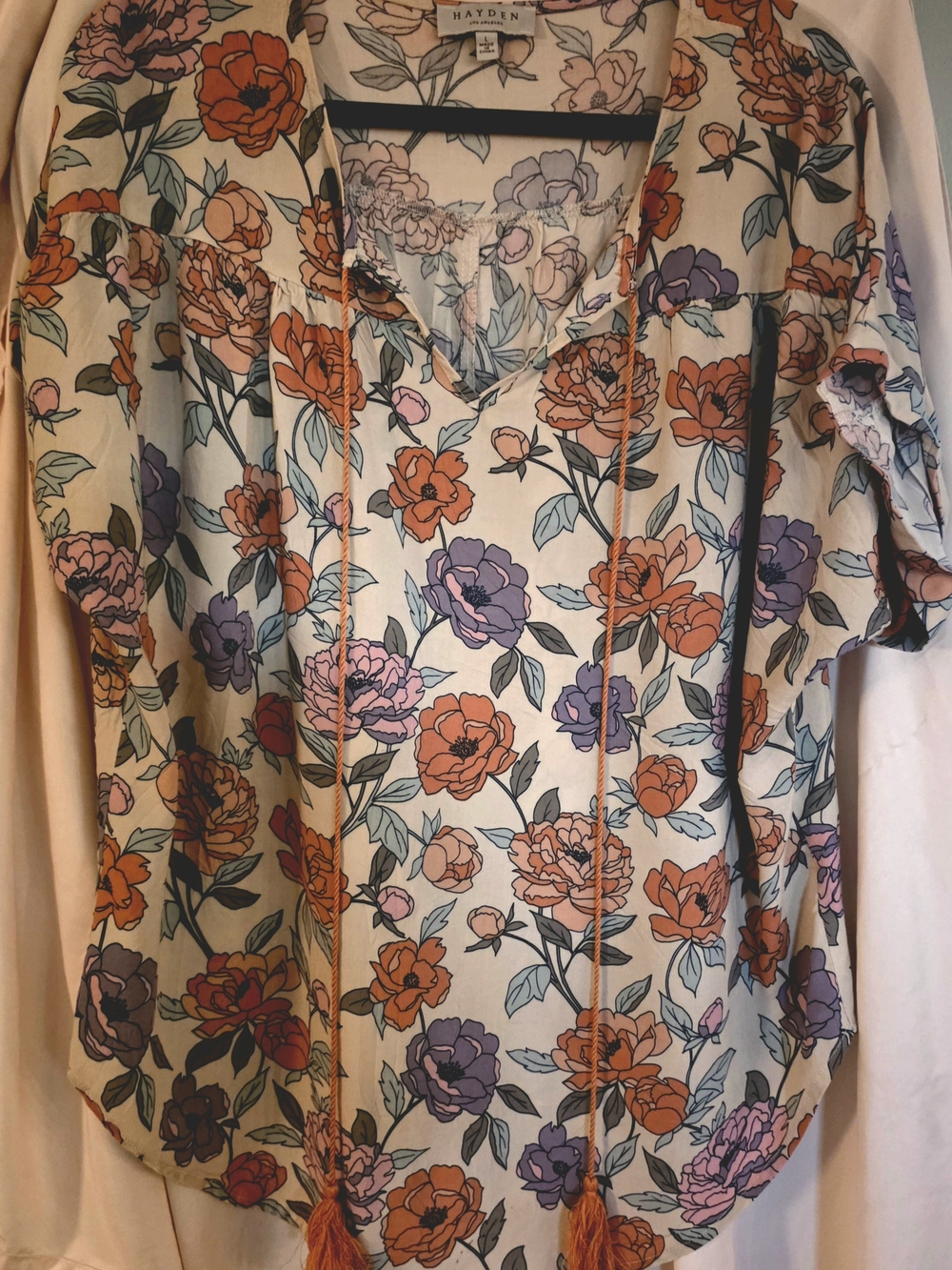 Hayden Cream Floral Tie-Front Tunic with Orange & Purple Blooms